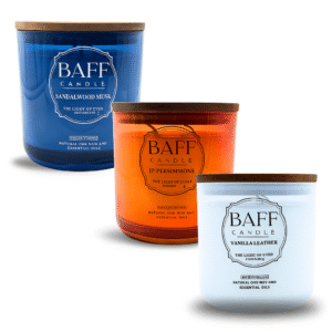 baff candle collection | sandalwood | jp persimmons | vanilla leather soy | wax luxury candle (three wick)