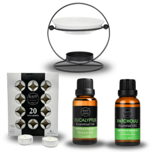 baff candle patchouli & eucalyptus essential oil gift set with aroma burner & tea light