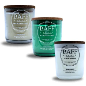 baff candle collection | patchouli clove | eucalyptus mint | white