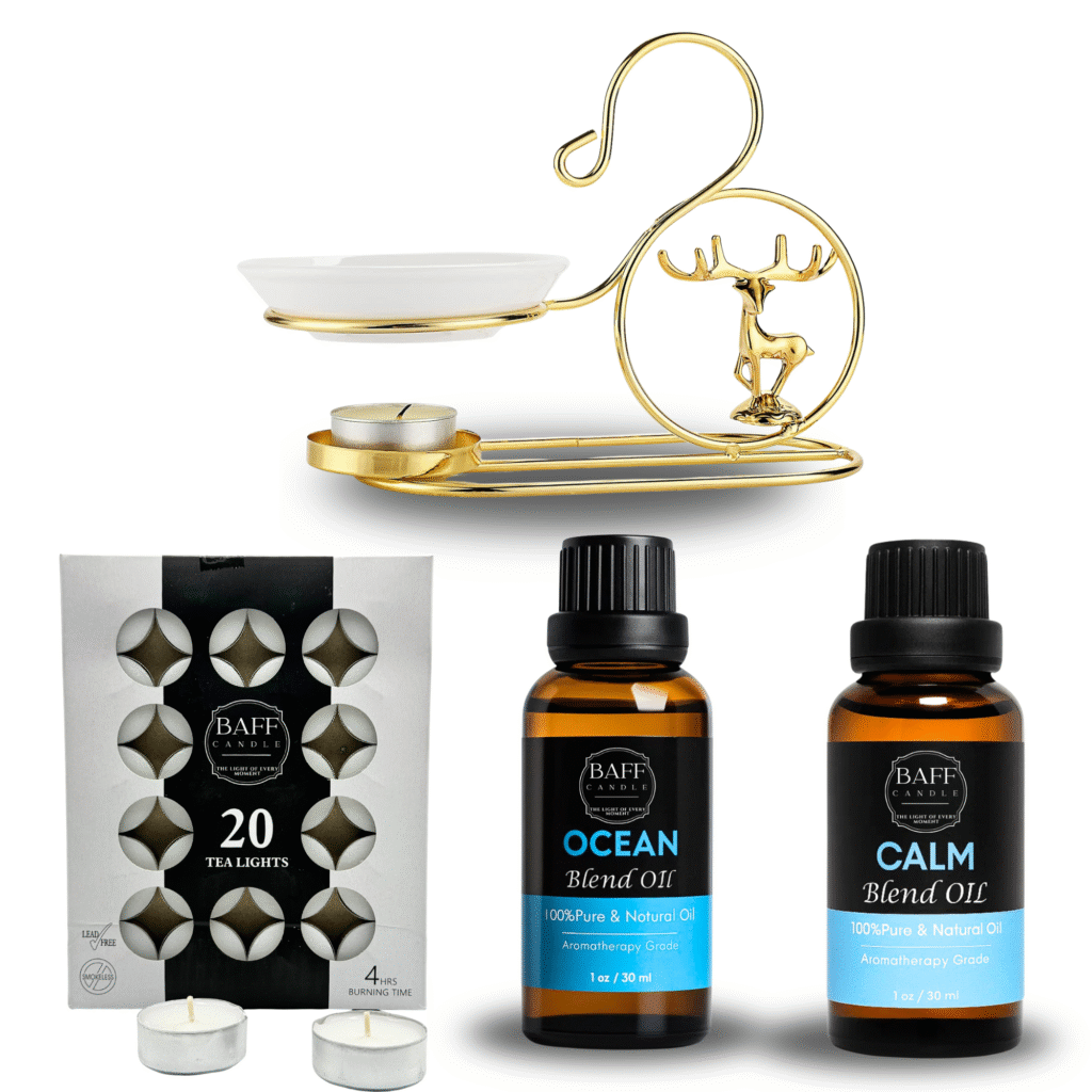 baff candle collection | calm blend essential oil | ocean essential oil | aroma burner & tea light candle | pure & organic