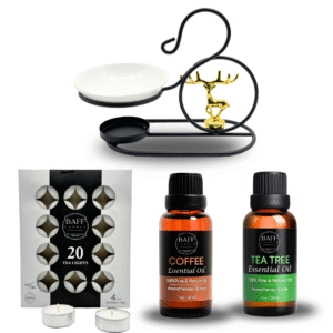 baff candle collection | coffee essential oil | tea tree essential oil | aroma burner & tea light | pure & organic