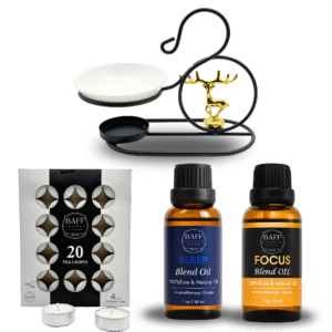 baff candle collection | sleep blend essential oil | focus essential oil | aroma burner & tea light candle | pure & organic