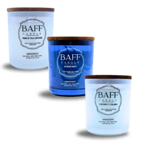 baff candle collection | white tea ginger | ocean salt | coconut colada