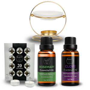 baff candle rosemary & clove essential oil gift set with aroma burner & tea light – pure & organic